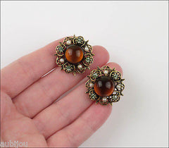 Vintage Signed Art Modeart Amber Rootbeer Glass Cabochon Rhinestone Brooch Pin Set