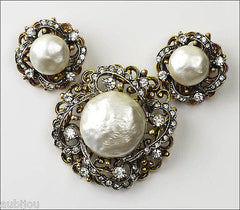 Vintage Signed Art Modeart Rhinestone Baroque Pearl Set Pin Brooch Earrings 1960's