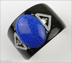 Kenneth Lane KJL Art Deco Black Enamel Faux Lapis Blue Cabochon Cuff Bracelet