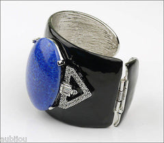 Kenneth Lane KJL Art Deco Black Enamel Faux Lapis Blue Cabochon Cuff Bracelet