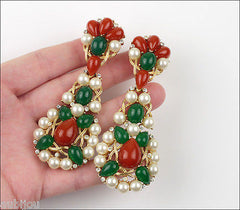 Vintage Trifari Kashmir Faux Carnelian Jade Cabochon Long Drop Dangle Earrings 1960's