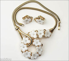 Vintage Trifari White Molded Glass Floral Forget Me Not Necklace Earrings Set 1950's