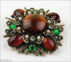 Vintage Signed Art Modeart Amber Rootbeer Glass Cabochon Rhinestone Brooch Pin Set