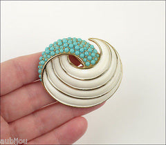 Vintage Trifari White Enamel Faux Turquoise Blue Cabochon Swirl Brooch Pin Set 1960's