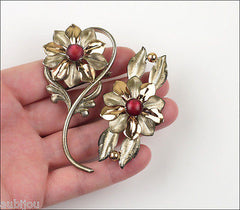 Vintage Kreisler Sterling Silver Floral Red Frosted Glass Bracelet Brooch Pin Set