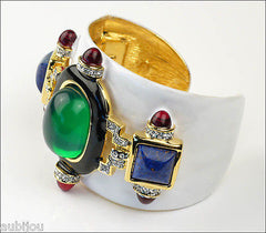 Kenneth Lane KJL Wide White Enamel Faux Jade Lapis Blue Cabochon Cuff Bracelet