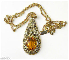 Vintage Whiting Davis Topaz Glass Rhinestone Pendant Necklace Hinged Bracelet Set