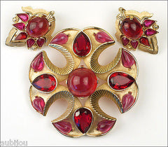 Vintage Trifari Jewels Of India Heraldic Ruby Red Rhinestone Cross Brooch Pin Set