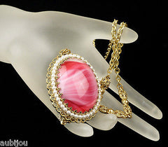 Vintage West Germany Ornate Pink Givre Art Glass Cabochon Pendant Necklace Set