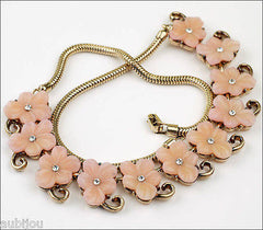 Vintage Trifari Pink Molded Glass Floral Flower Forget Me Not Necklace Choker 1950's