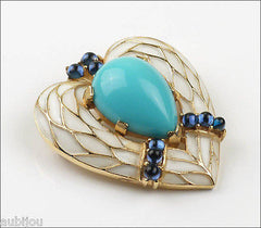 Vintage Trifari L'Orient Blue Cabochon White Enamel Heart Brooch Pin Snake Skin 1960's