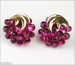 Trifari Briolette Fuchsia Faceted Glass Rhinestone Flower Nosegay Brooch Pin Set