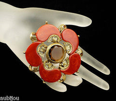 Vintage Signed Art Orange Rust Bakelite Smoked Topaz Rhinestone Brooch Pin Set 1960's