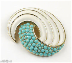 Vintage Trifari White Enamel Faux Turquoise Blue Cabochon Swirl Brooch Pin Set 1960's