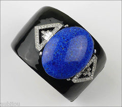 Kenneth Lane KJL Art Deco Black Enamel Faux Lapis Blue Cabochon Cuff Bracelet