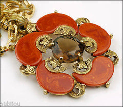 Vintage Signed Art Orange Rust Bakelite Smoked Topaz Rhinestone Pendant Set 1960's