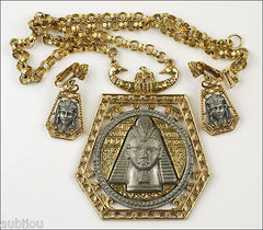 Vintage Signed Art Egyptian Revival King Tut Pharaoh Pendant Necklace Medallion Set