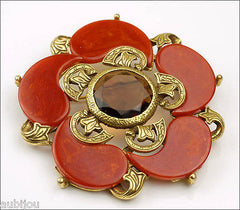 Vintage Signed Art Orange Rust Bakelite Smoked Topaz Rhinestone Brooch Pin Set 1960's