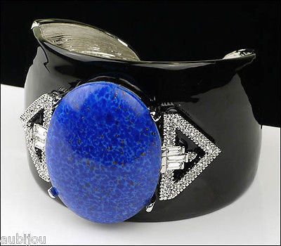 Kenneth Lane KJL Art Deco Black Enamel Faux Lapis Blue Cabochon Cuff Bracelet