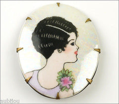 Vintage Art Deco Flapper Hand Painted Porcelain Portrait Miniature Brooch Pin