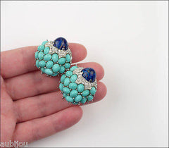 Vintage Boucher 3D Faux Turquoise Lapis Blue Glass Cabochon Flower Brooch Pin Set