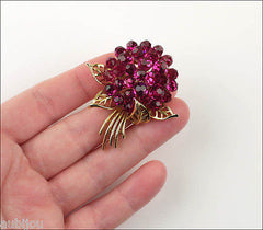 Trifari Briolette Fuchsia Faceted Glass Rhinestone Flower Nosegay Brooch Pin Set