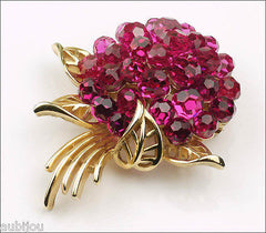 Trifari Briolette Fuchsia Faceted Glass Rhinestone Flower Nosegay Brooch Pin Set