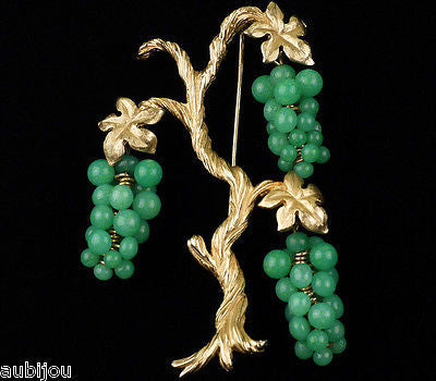 Vintage Marvella Grape Vine Faux Jade Green Peking Glass Cluster Tree Brooch Pin Set