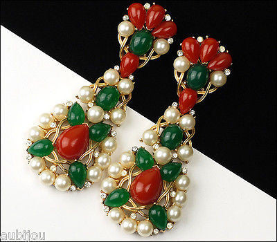 Vintage Trifari Kashmir Faux Carnelian Jade Cabochon Long Drop Dangle Earrings 1960's