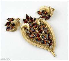 Vintage Trifari Smoked Topaz Rhinestone Floral Leaf Brooch Pin Set Earrings 1960's