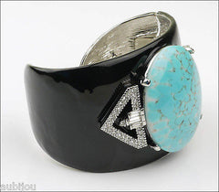 Kenneth Lane KJL Art Deco Black Enamel Faux Turquoise Cabochon Cuff Bracelet
