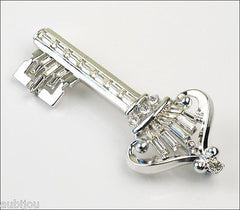 Vintage Crown Trifari Figural Clear Rhinestone Silvertone Key Brooch Pin Jewelry