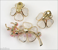 Vintage Trifari Pink Poured Glass Floral Flower Translucent Brooch Pin Set Earrings