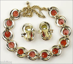 Vintage Signed Art Oriental Orange Red Rust Bakelite Necklace Choker Set Earrings