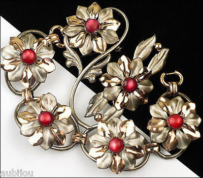 Vintage Kreisler Sterling Silver Floral Red Frosted Glass Bracelet Brooch Pin Set