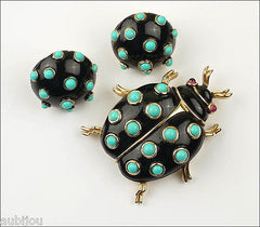 Vintage Trifari Figural Enamel Faux Turquoise Ladybug Beetle Bug Brooch Pin Set 1960's
