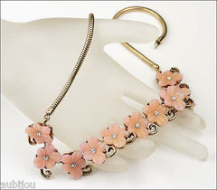 Vintage Trifari Pink Molded Glass Floral Flower Forget Me Not Necklace Choker 1950's