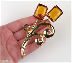 Nolan Miller Large Floral Flower Topaz Faceted Glass Rhinestone Brooch Pin