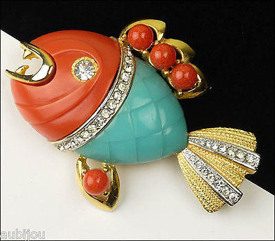 Vintage Hattie Carnegie Faux Coral Turquoise Lucite Figural Piranha Fish Brooch Pin