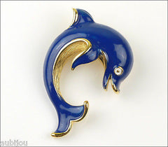 Vintage Crown Trifari Figural Dark Blue Enamel Dolphin Fish Brooch Pin Sea 1960's