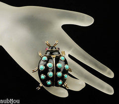 Vintage Trifari Figural Enamel Faux Turquoise Ladybug Beetle Bug Brooch Pin Set 1960's