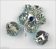Vintage Boucher 3D Faux Turquoise Lapis Blue Glass Cabochon Flower Brooch Pin Set