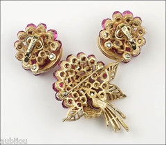 Trifari Briolette Fuchsia Faceted Glass Rhinestone Flower Nosegay Brooch Pin Set