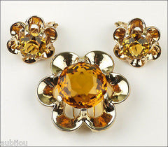 Vintage Trifari Floral Flower Topaz Faceted Glass Rhinestone Fur Clip Pin Set 1950's