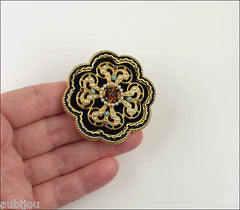 Vintage Signed Art Black Velvet Smoked Topaz Rhinestone Flower Brooch Pin Set 1960's