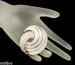 Vintage Trifari Large White Enamel Simulated Pearl Swirl Brooch Pin Set Earrings 1960's