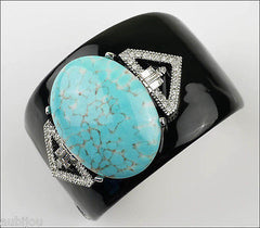 Kenneth Lane KJL Art Deco Black Enamel Faux Turquoise Cabochon Cuff Bracelet