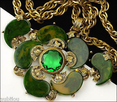 Signed Art Spinach Green Marbled Bakelite Emerald Green Rhinestone Pendant Set