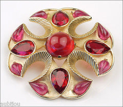 Vintage Trifari Jewels Of India Heraldic Ruby Red Rhinestone Cross Brooch Pin Set