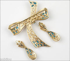 Vintage Trifari Modern Mosaic White Blue Molded Glass Bow Ribbon Brooch Pin Set 1960's